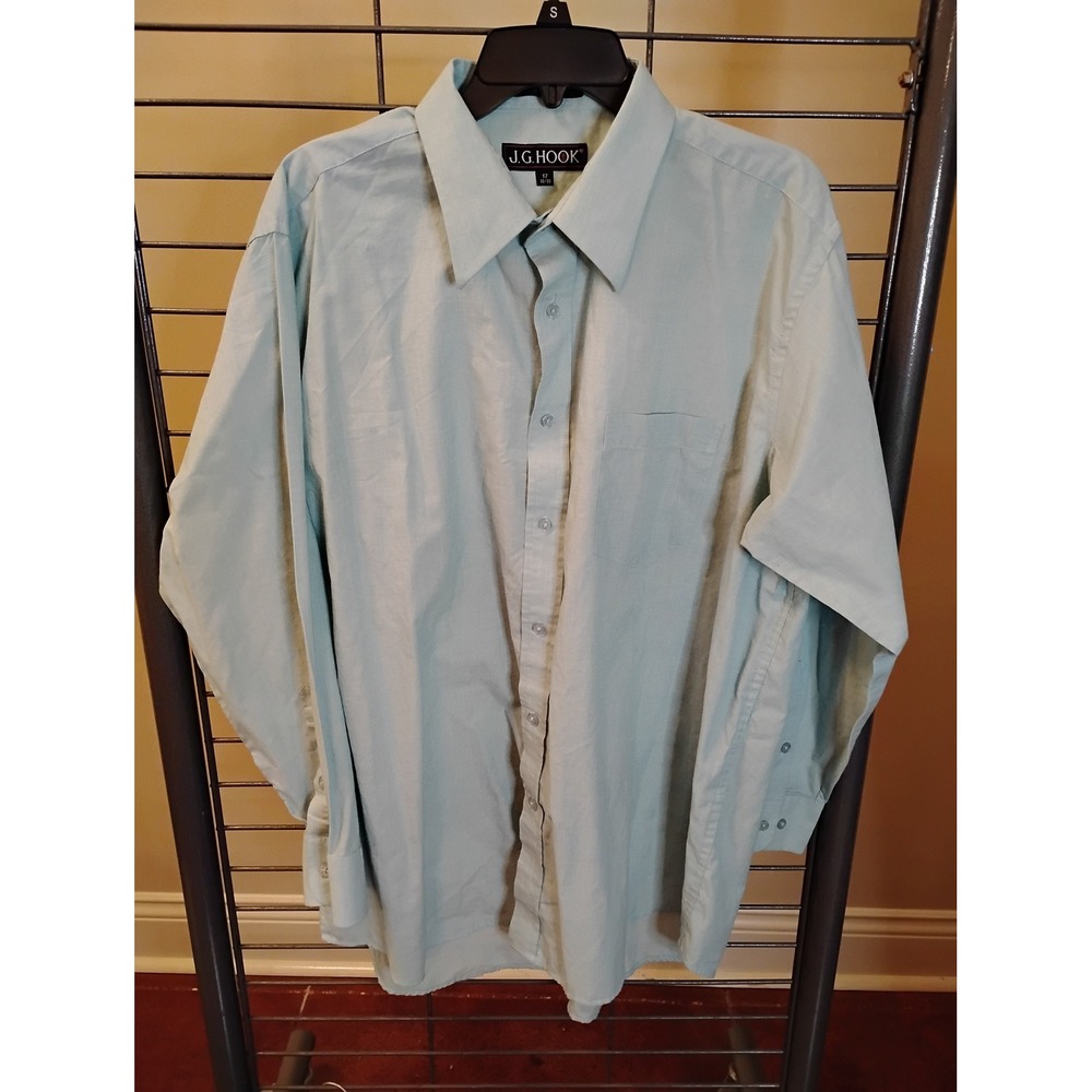 J.G. Hook Men Mint Green Micro Grid Dress Shirt 17 32/33 Long Sleeve Cotton Blen